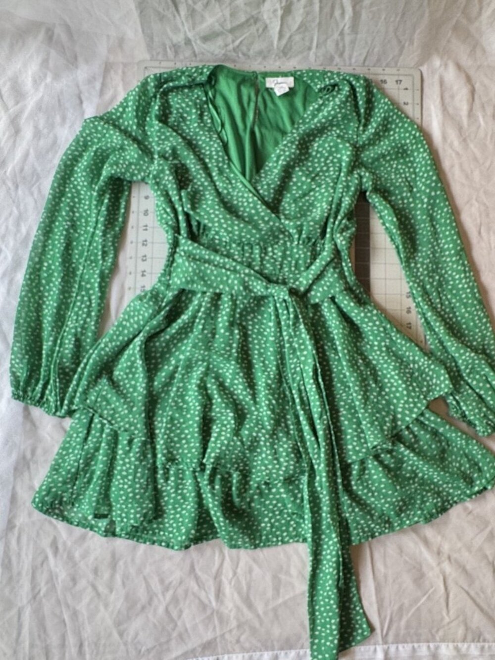 Japna Green Polka Dot Long Sleeve Tiered Wrap Mini Dress Size M
